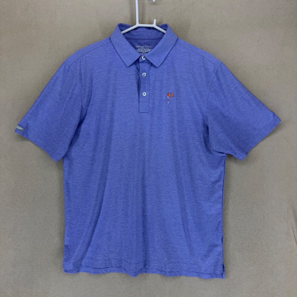 Straight Down Performance Golf Polo Shirt Mens Large Blue Short Sleeve Flag Logo